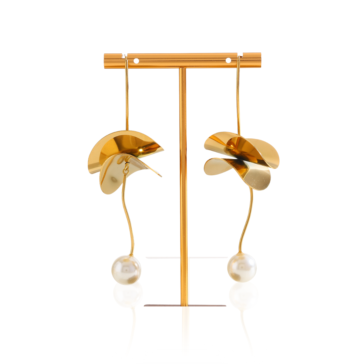 Aretes Flor Colgante y Perla Chapa 18k