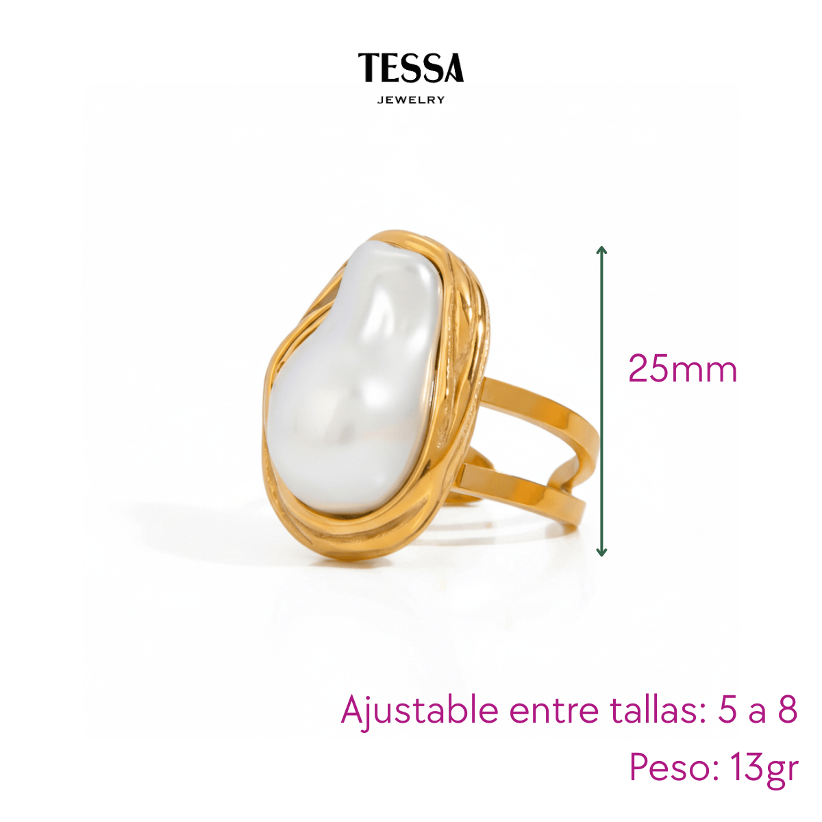 Anillo Perla Chuncky Chapa 18k Ajustable