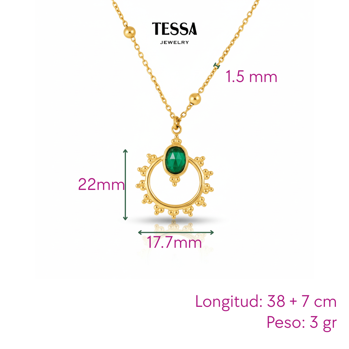 Collar Sol Piedra Verde Chapa 18k