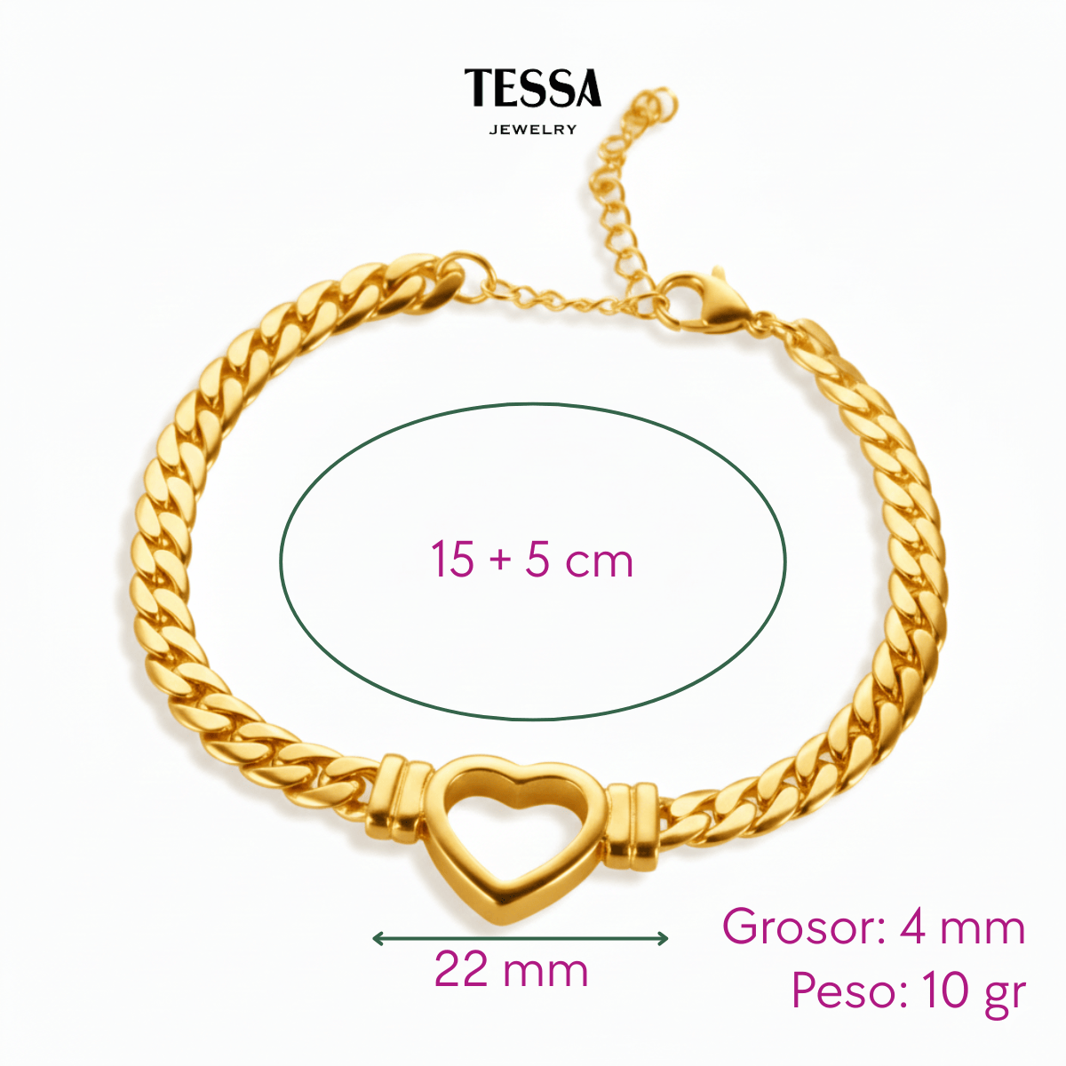 Pulsera Chuncky Corazon Hueco Chapa 18k