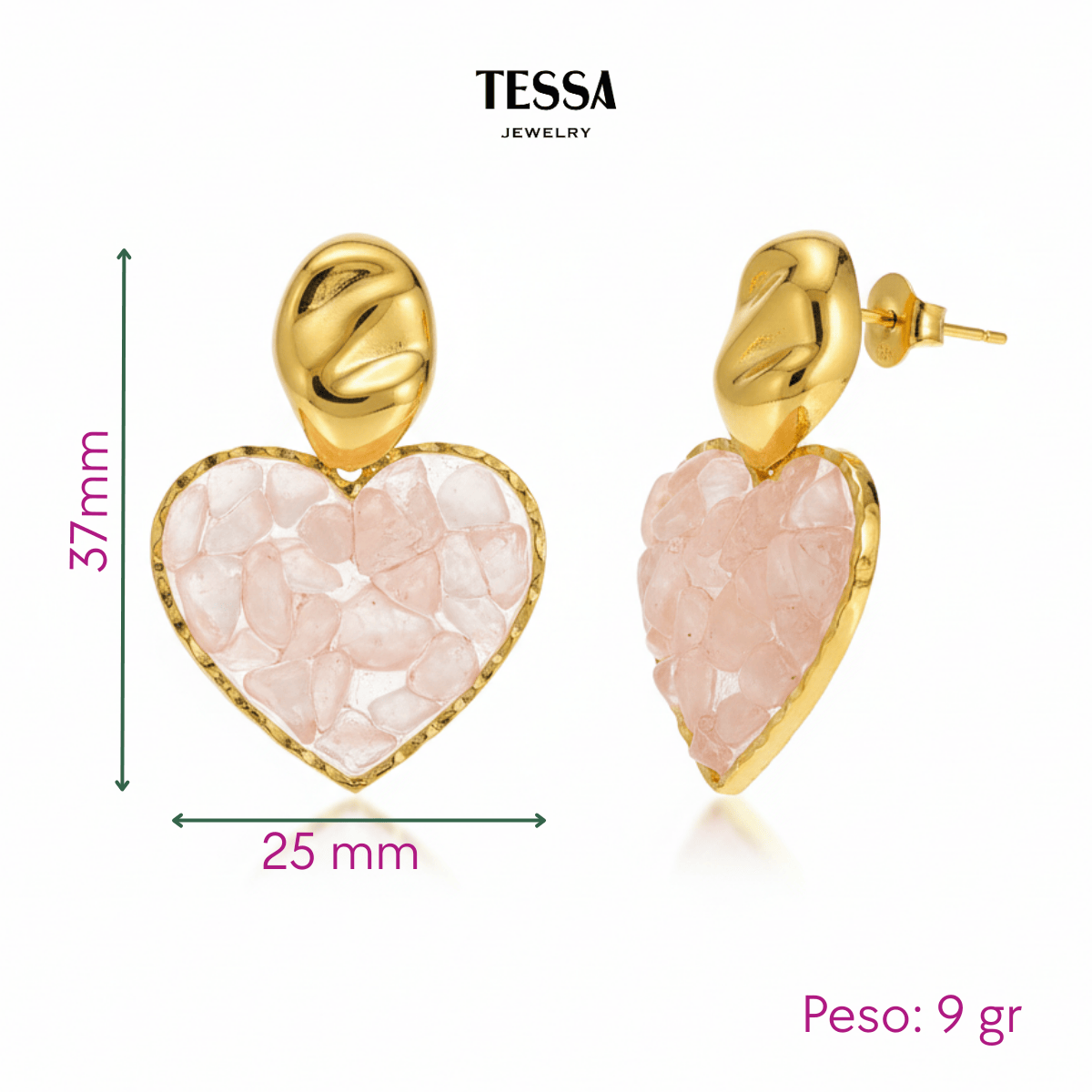 Aretes Corazon Piedra Rosa Chapa 18k