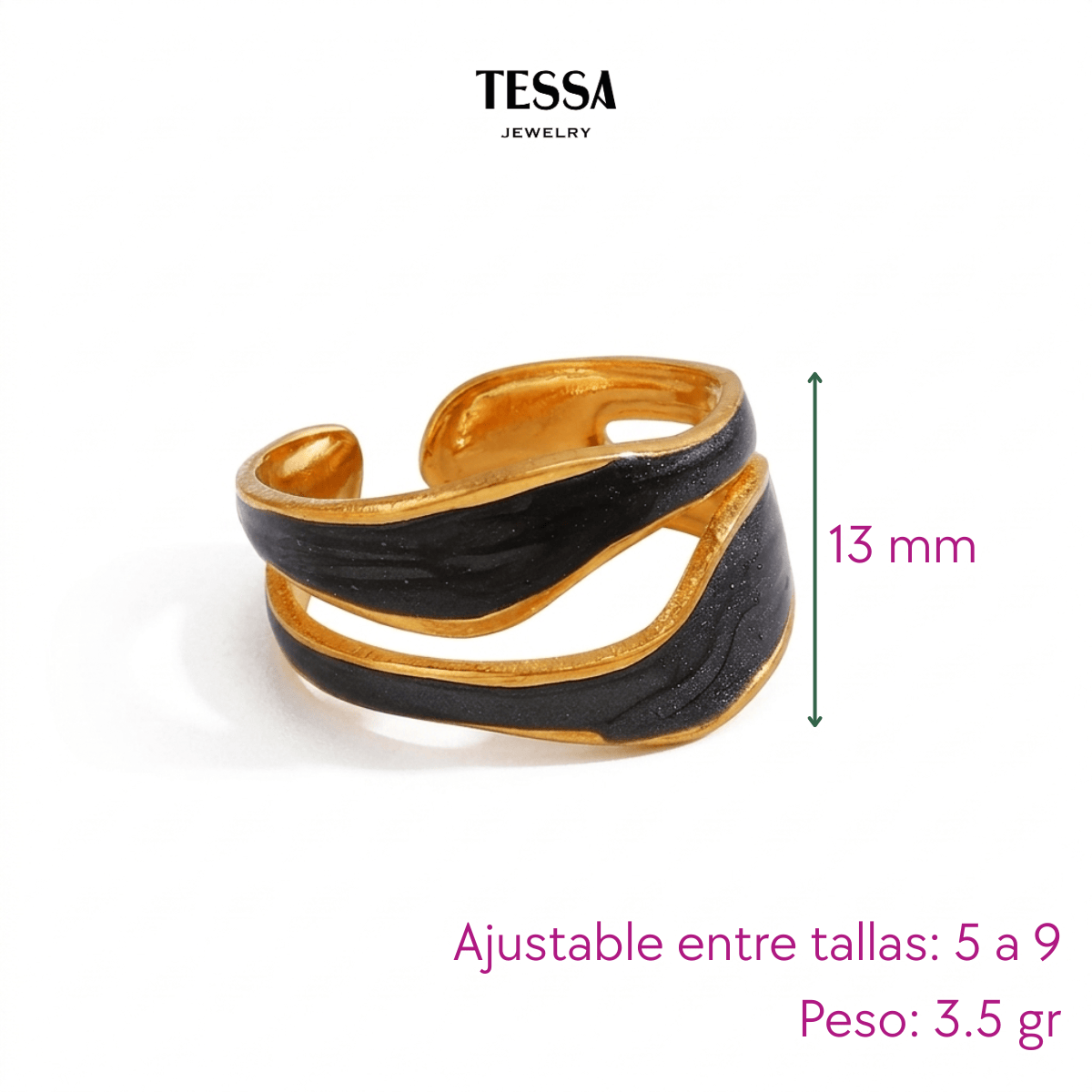 Anillo Waves Negro Chapa 18k Ajustable