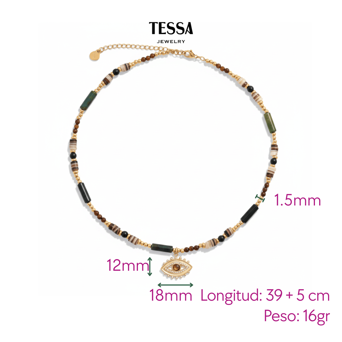 Collar Cuentas Marrones Ojo Chapa 18k