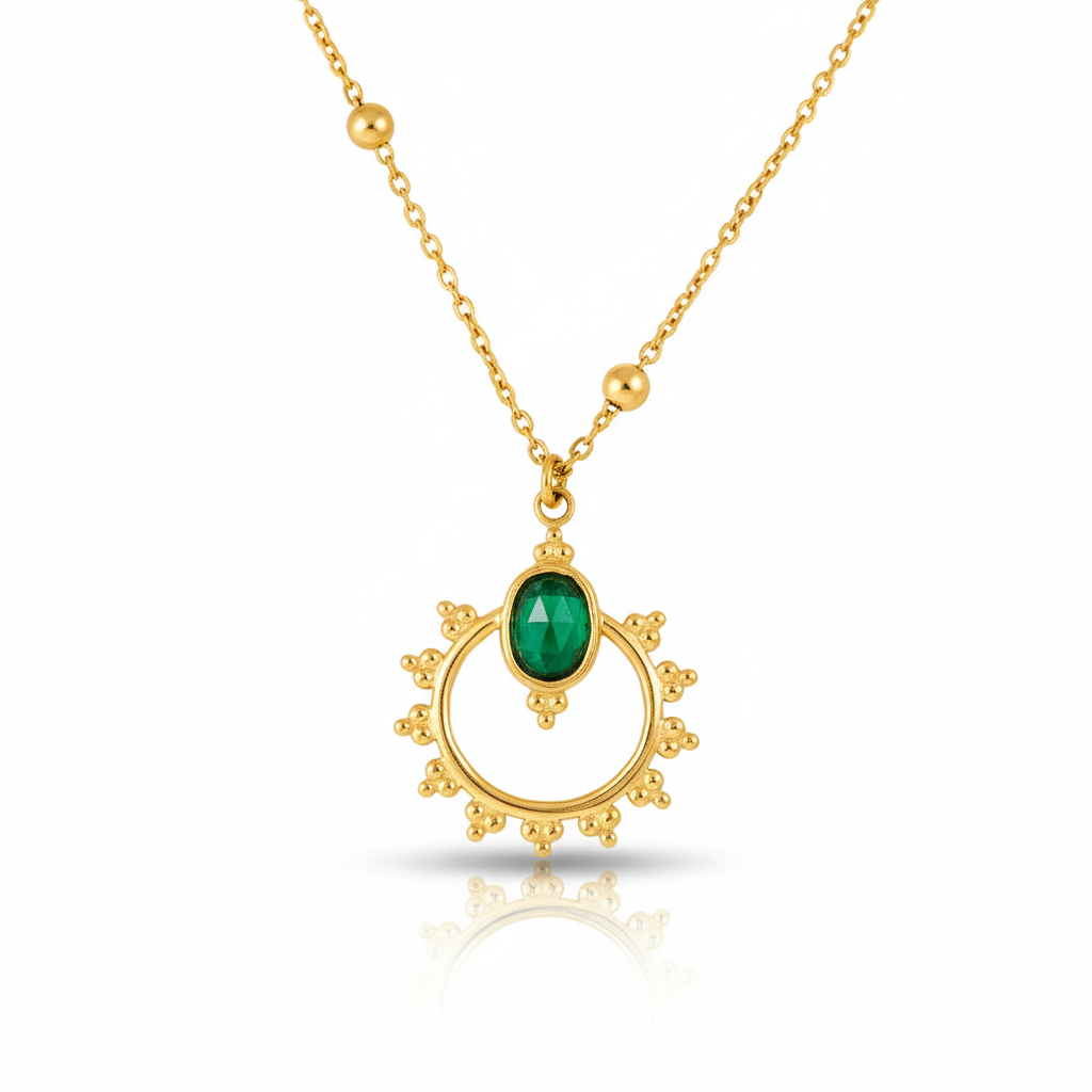Collar Sol Piedra Verde Chapa 18k