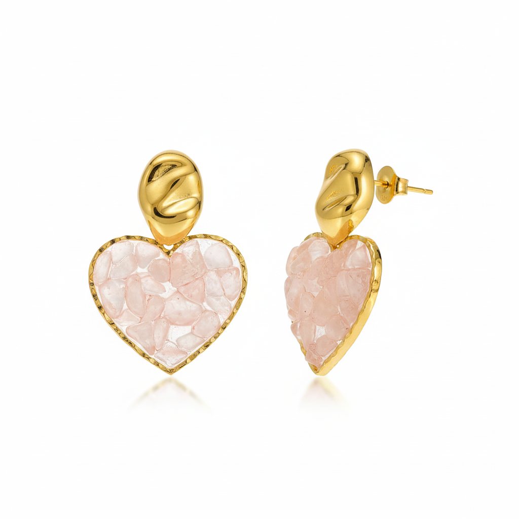 Aretes Corazon Piedra Rosa Chapa 18k