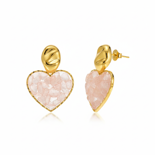 Aretes Corazon Piedra Rosa Chapa 18k