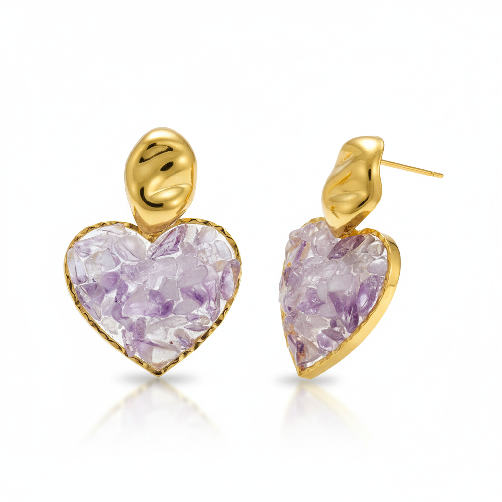 Aretes Corazon Piedra Morada Chapa 18k