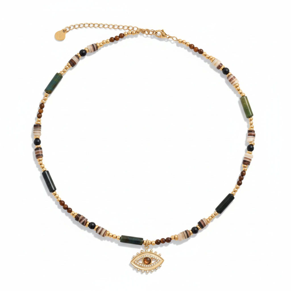 Collar Cuentas Marrones Ojo Chapa 18k