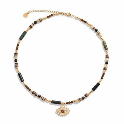 Collar Cuentas Marrones Ojo Chapa 18k