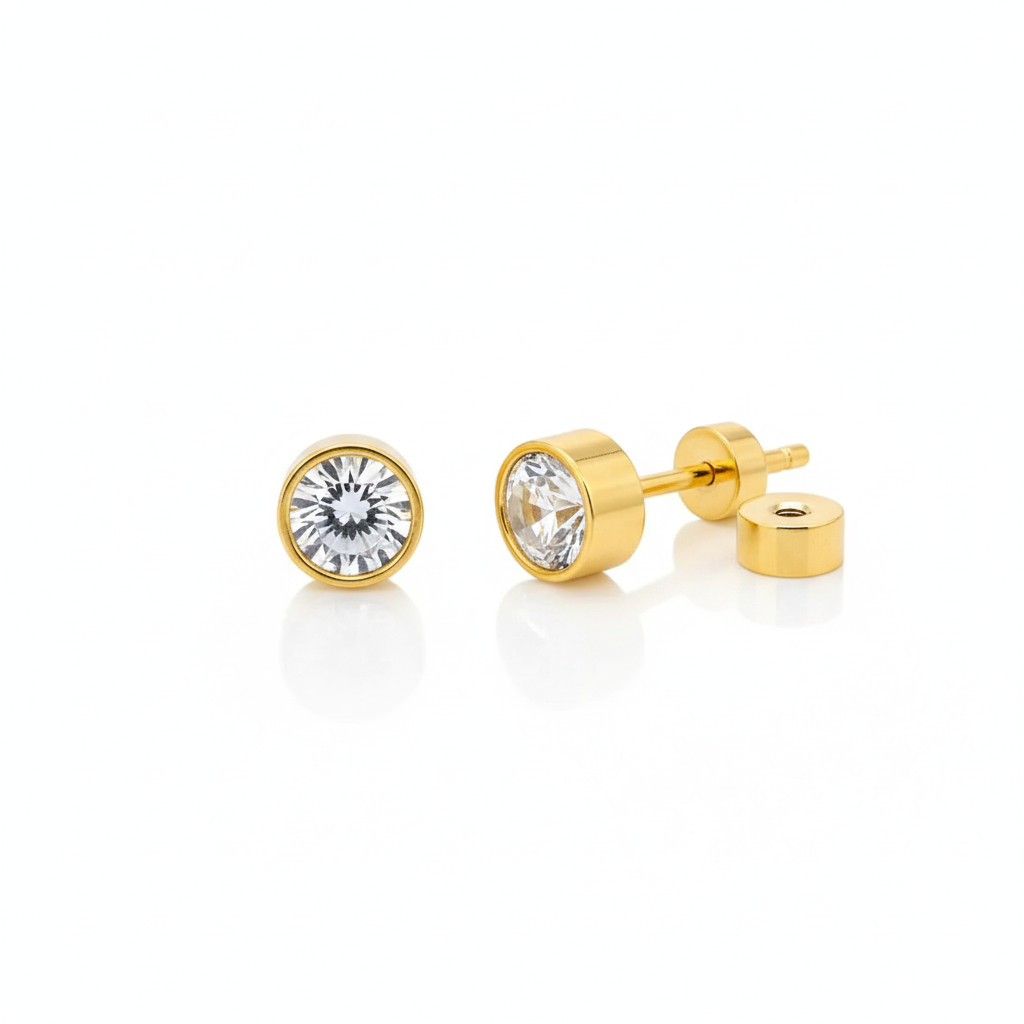 Aretes Broquel Redondo con Brillante Chapa 18k