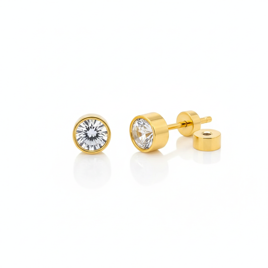 Aretes Broquel Redondo con Brillante Chapa 18k