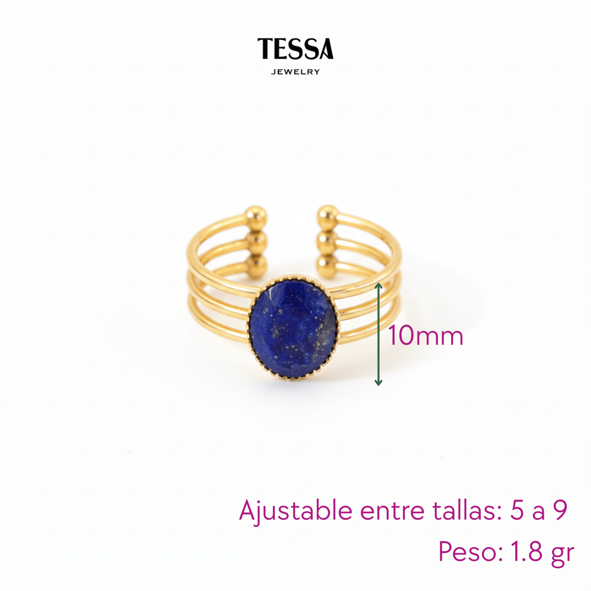 Anillo Piedra Azul Chapa 18k Ajustable