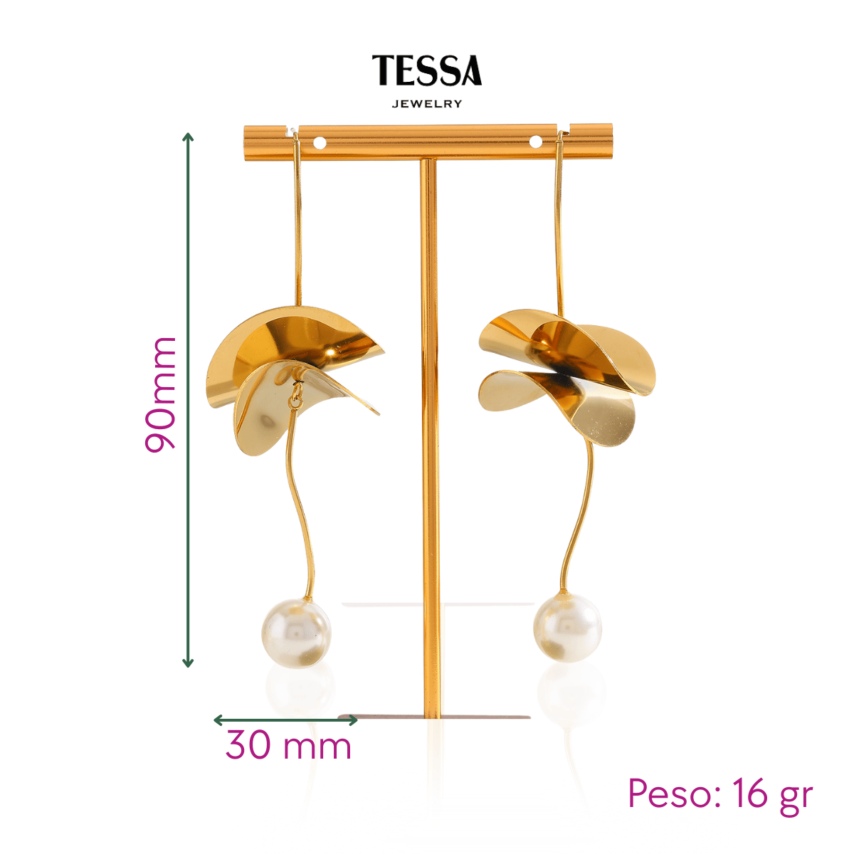 Aretes Flor Colgante y Perla Chapa 18k