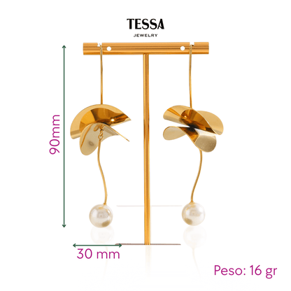 Aretes Flor Colgante y Perla Chapa 18k