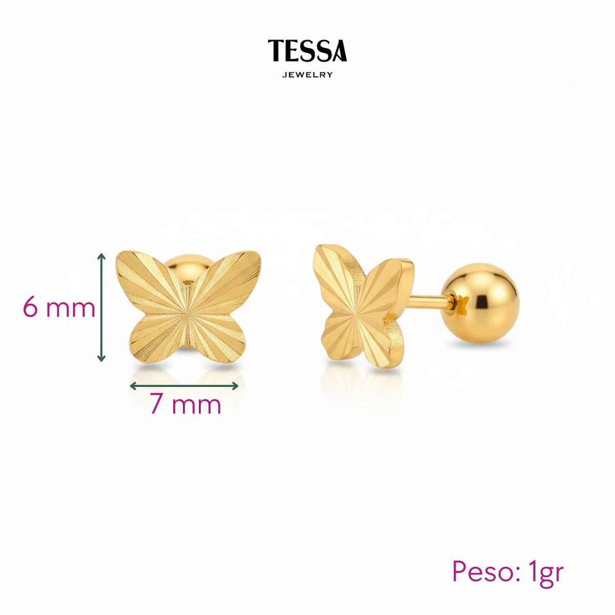 Aretes Broquel Mariposa Rayada Chapa 18k