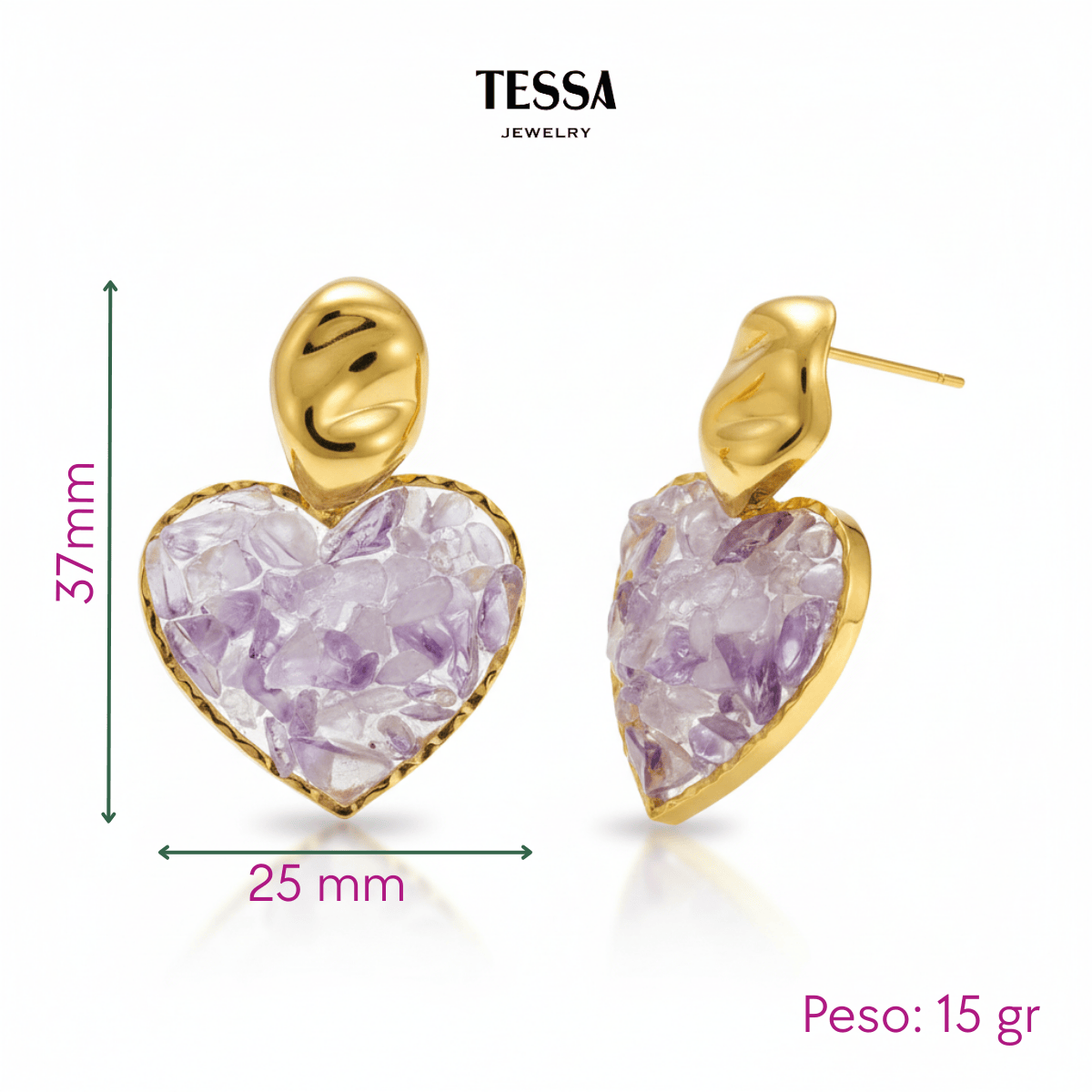 Aretes Corazon Piedra Morada Chapa 18k