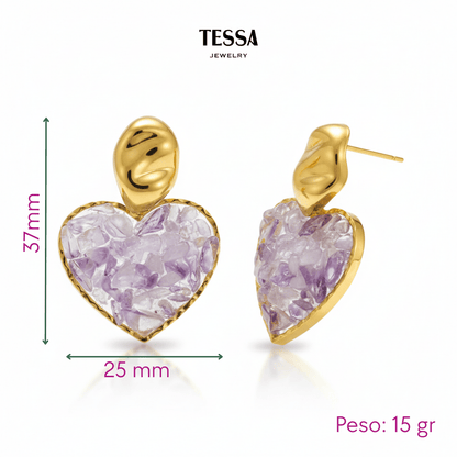 Aretes Corazon Piedra Morada Chapa 18k