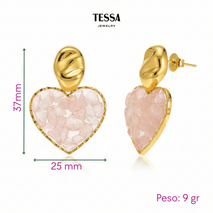 Aretes Corazon Piedra Rosa Chapa 18k