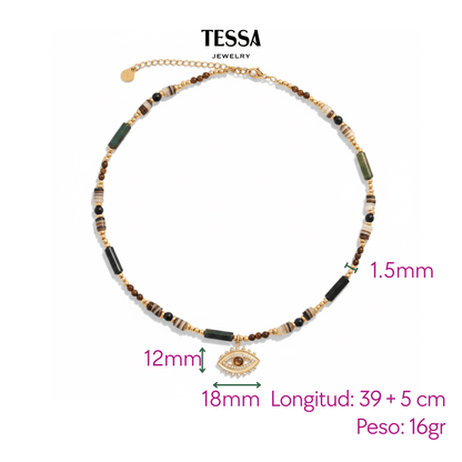 Collar Cuentas Marrones Ojo Chapa 18k